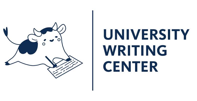 graphic of a cartoon style cow writing on a piece of paper on the left and text on the right that reads: University Writing Center